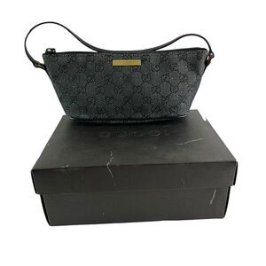 GUCCI Grey Denim Canvas Leather Accessory Pouch Logo Shoulder Bag Purse